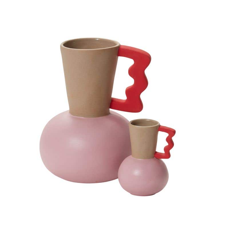 pitcher-silhouette and a distinctive three-toned design featuring soothing pink hues and bold red accents.