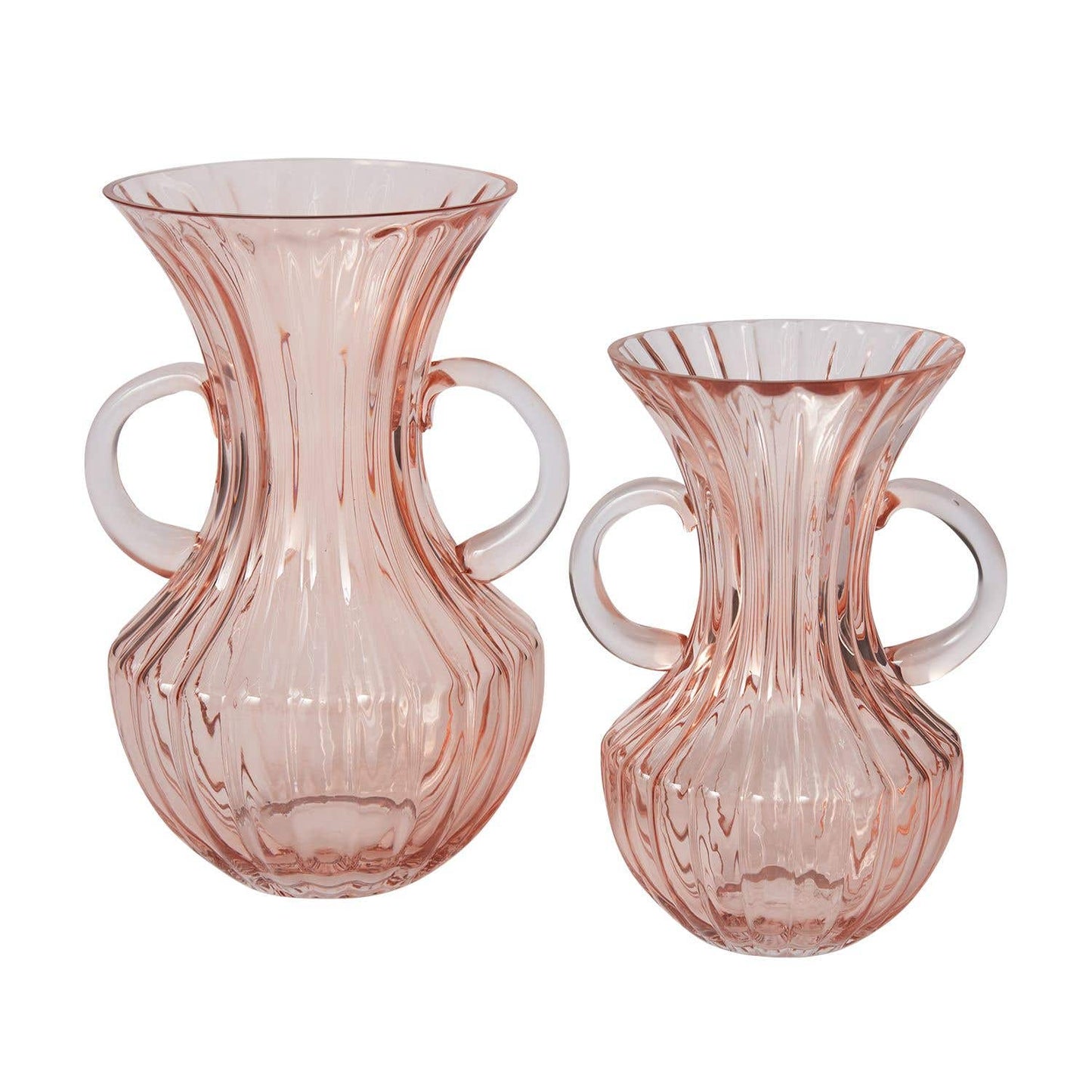 mouth blown, with vertical ridges and a flared opening. Two curved handles show off an hourglass silhouette of this rosy hued container